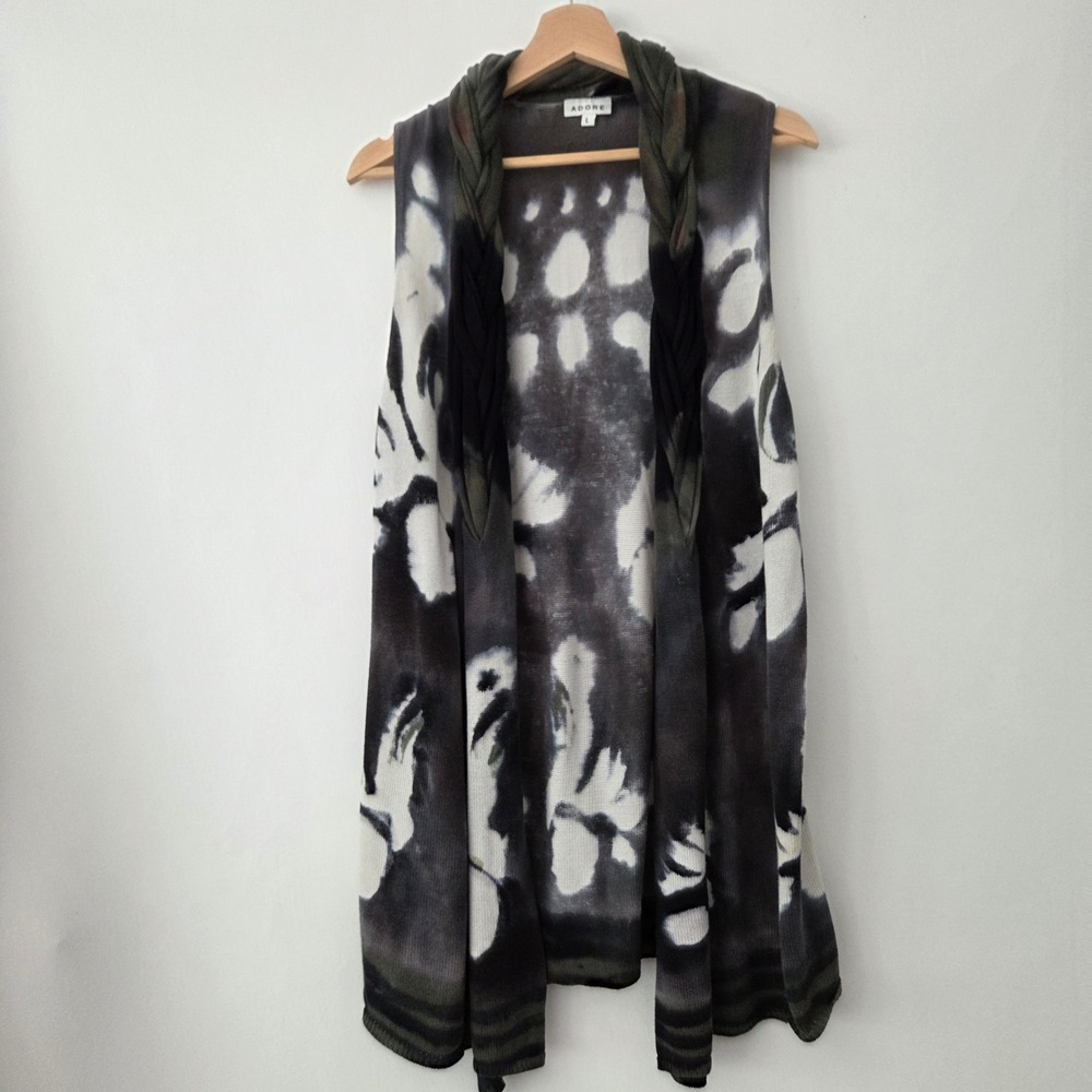 Adore Longline Vest Grey Green Tie Dye Knit Open Front Cardigan Womens Large